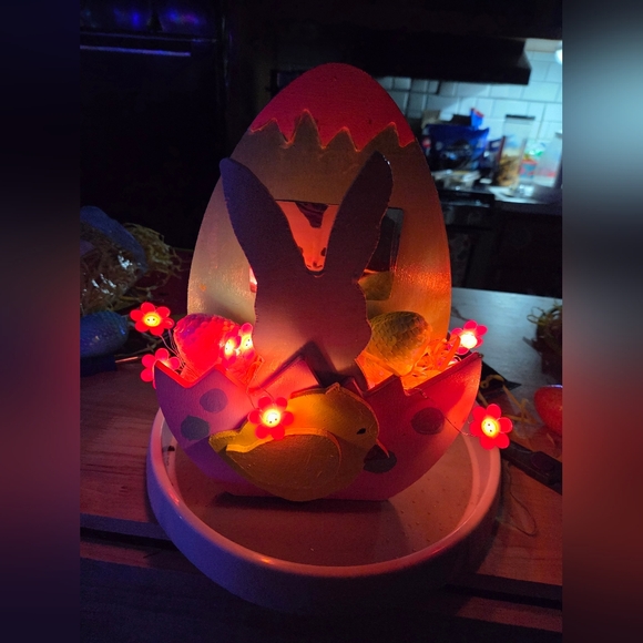 Wooden Easter Bunny & Chick Centerpiece - Pink, White, Green, Yellow Handcrafted - Picture 3 of 3